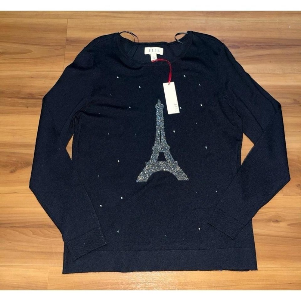 Womens NWT ELLE Eiffel Tower Rhinestone Lightweight Pullover Sweater‎